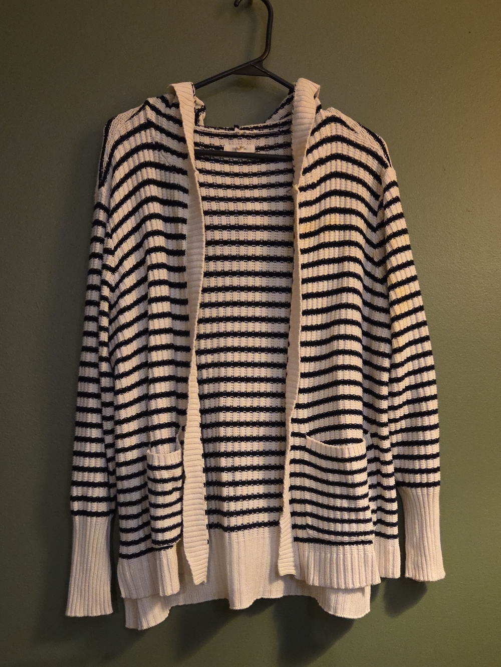 Maurices Cream and Black Striped Hooded Open Cardigan